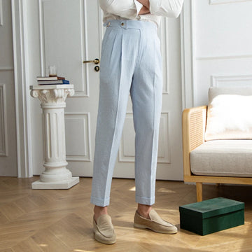 Aidase 2024 Spring Seersucker High Waist Straight Pants British Petty Bourgeoisie Blue Stripe Italian Casual Trousers Men aidase-shop